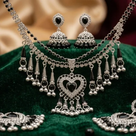 Black Metallic Choker Set with Heart Pendant