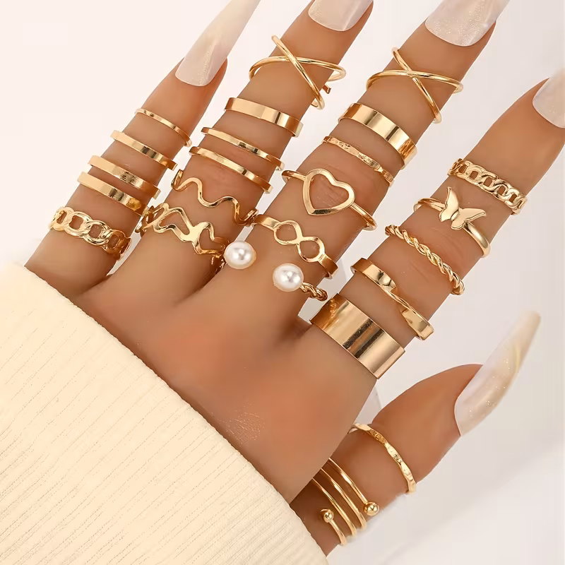 Boho Gold-Tone Stackable Ring Set (Multi-Piece Collection)