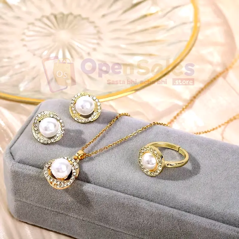 Elegant Gold-Tone Pearl and Rhinestone Jewelry Set - Image 2