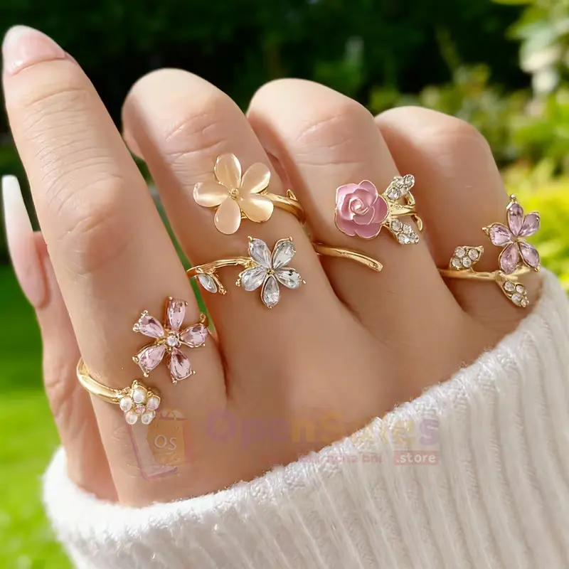 Gold-Plated Floral Adjustable Ring Set with Rhinestone and Enamel Flower Accents