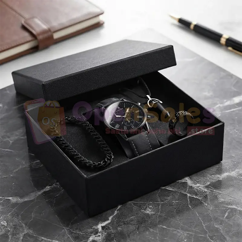 Men's Luxury Black Watch & Accessories Set - Quartz Watch, Bracelet, Ring & Necklace